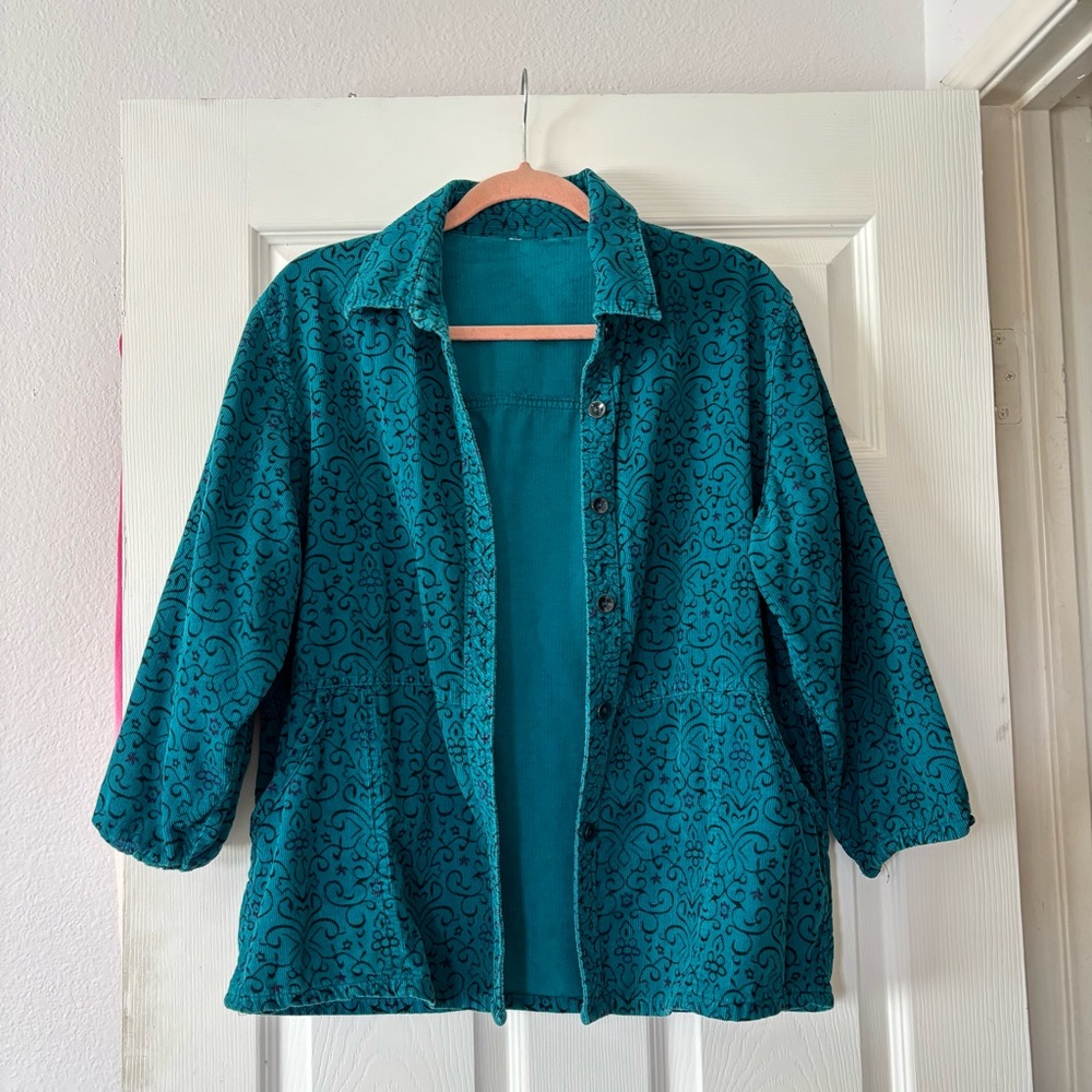 Teal Button-Up Jacket with Swirl Pattern